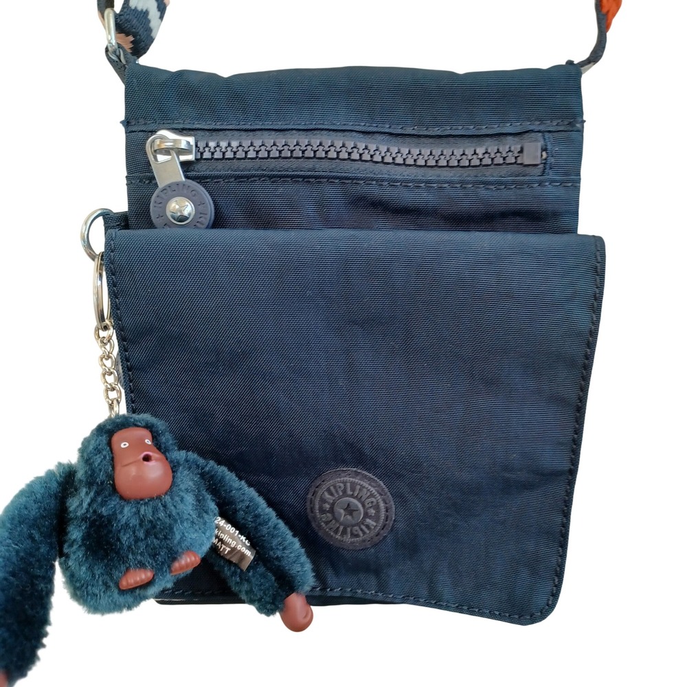 Kipling Navy Blue Nylon Crossbody Bag Chevron Strap Matt Monkey Keychain